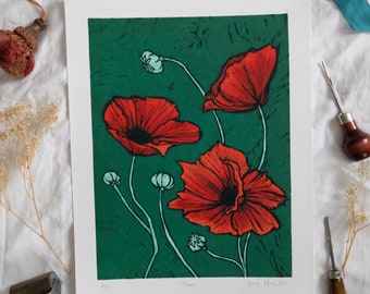 Poppies -Original Handmade Reduction Woodcut Print (Limited Edition of 10)