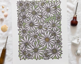 A Bed of Daisies - Original Reduction Woodcut Print