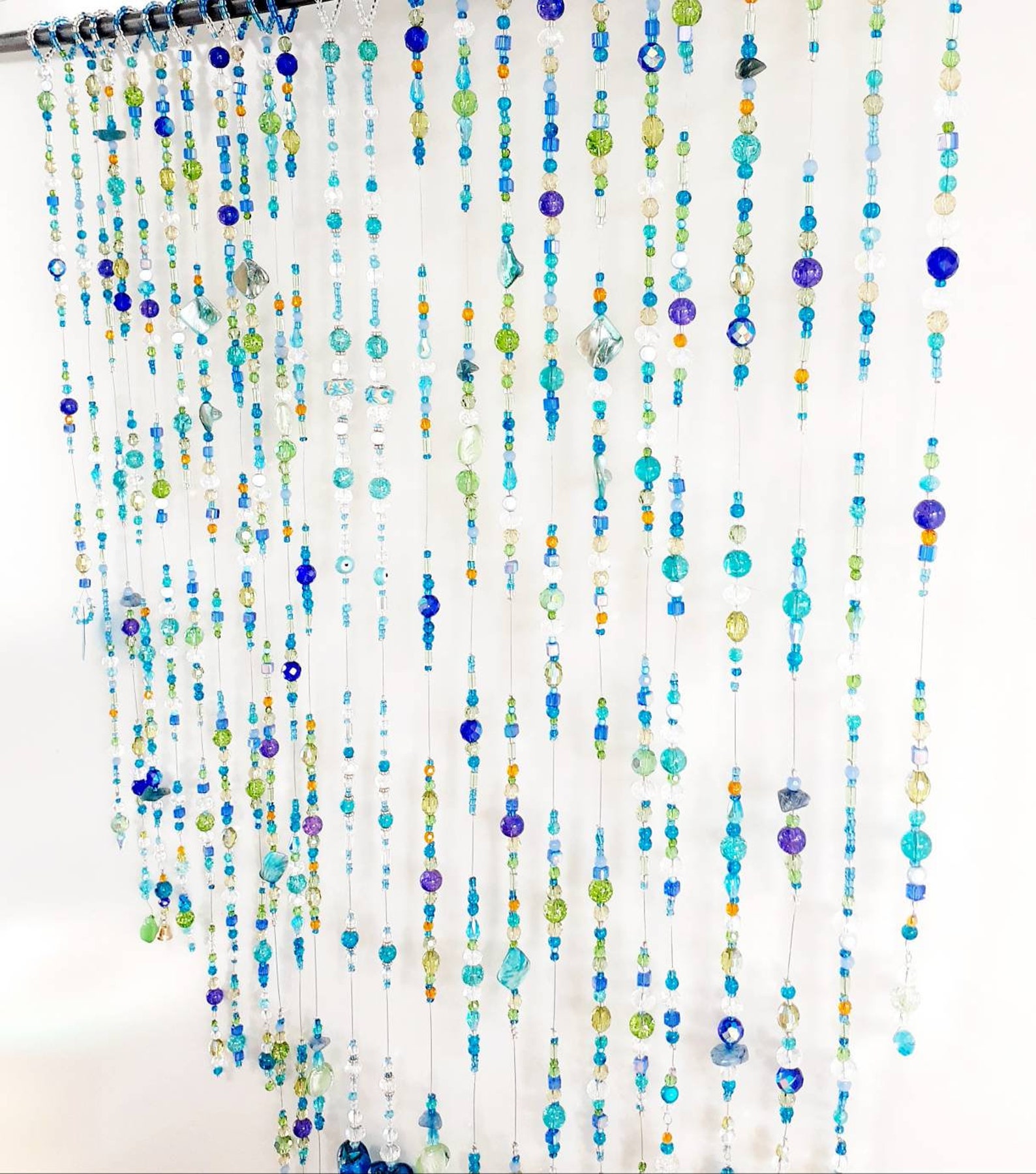 Handcrafted Blue Glass Bead Curtain, Beaded Window Valance, Boho Bead