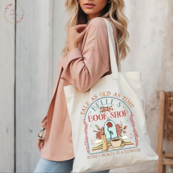 Retro Tale As Old As Time Belle's Book Shop, Retro Belle ToteBag, Retro Beauty and the Beast, Belle Princess Book Tote Bag, Canvas Tote Bag