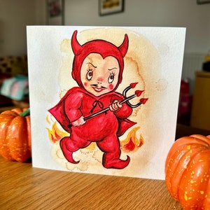 Vintage style Cute Devil Boy Halloween art card 6x6