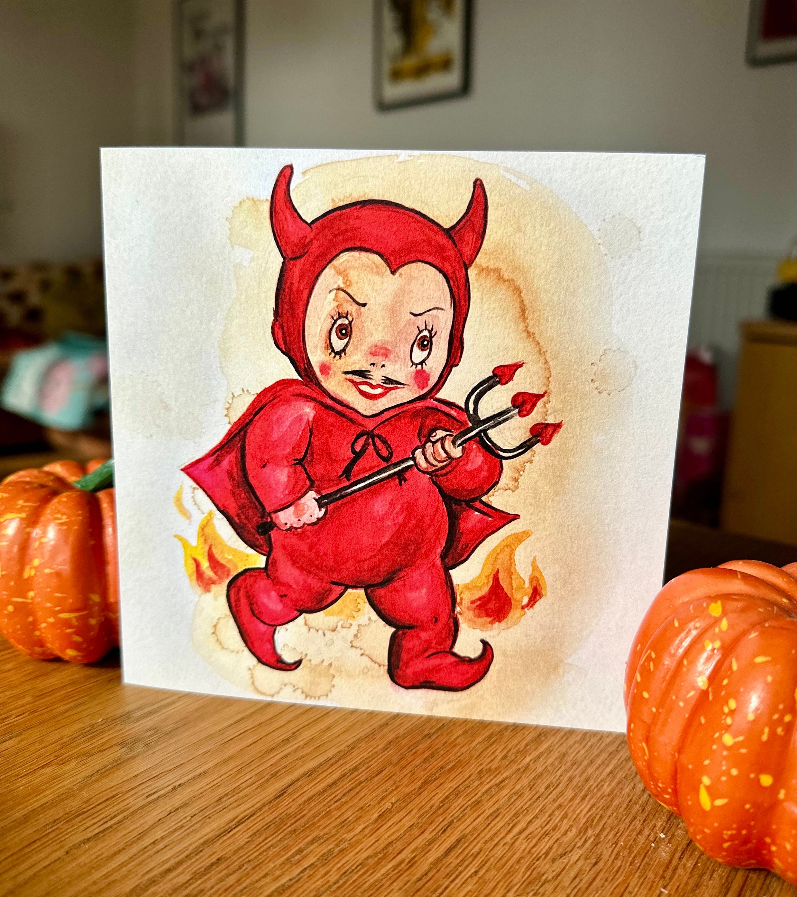Vintage Style Cute Devil Boy Halloween Art Card 6x6 - Etsy