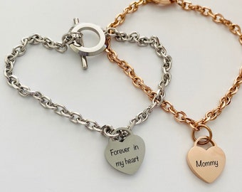 Personalized Heart Bracelet Engraved Bracelet for Women Stainless Steel Custom Engraved Bracelet Handmade Custom Gifts for her Gift for mom