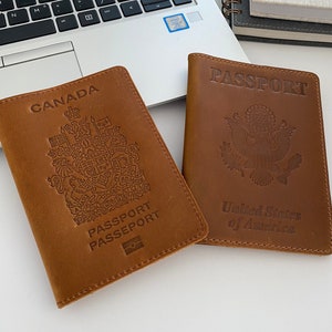 Housse de porte-passeport en cuir véritable gravée personnalisée Canada États-Unis Portefeuille de passeport en cuir personnalisé Portefeuille de voyage Cadeaux personnalisés