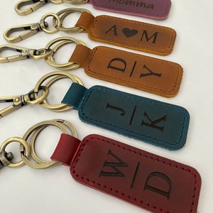 Monogram Round Leather Keychain. Full Grain Brown Leather Key Fob