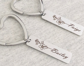 Name Birth Month Flower Keychain Personalized Flower Keychain Metal Engraved  Keychain Gift Customized Gift Handmade Gift for Mom Grandma