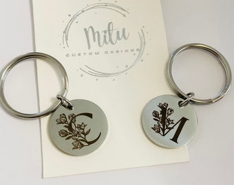 Initial Keychain Engraved Key Chain Initial with Flower keychain Customized Handmade Gift for Her Christmas Gift