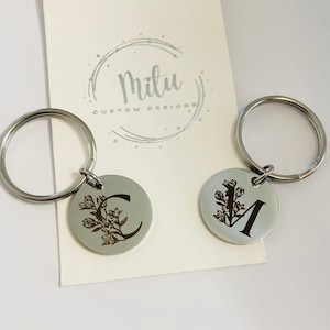 Initial Keychain Engraved Key Chain Initial with Flower keychain Customized Handmade Gift for Her Christmas Gift