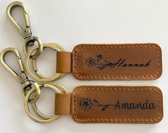 Birth Flower Name Keychain Customized Leather Keychain Genuine Leather KeyChain Engraved Keychain Name Birth Flower Key Tag Gift for her