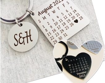 Llavero con calendario de corazón personalizado, llavero grabado, llavero con fecha personalizada, llavero de metal personalizado, regalo de aniversario para él, regalo hecho a mano