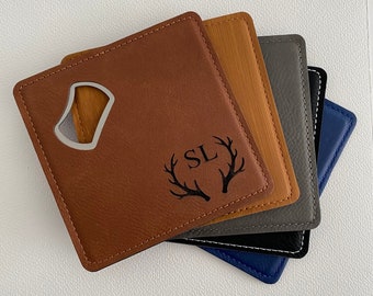 Personalized Coaster Bottle Opener Custom Leatherette Bottle Opener Customized Coasters Wedding Favors Groomsman Best Man Gifts For Him Dad