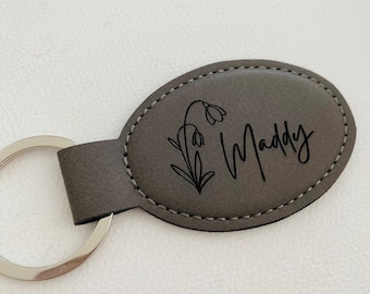 Name Birth Month Flower Keychain Personalized Flower Keychain Leatherette Engraved Keychain Gift Customized Gift Handmade Gift for her