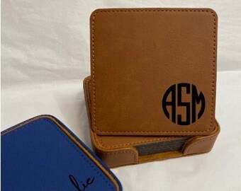 Six Personalized Coaster Set of 6 Custom Leatherette Coasters Customized Coasters Vegan Leather Wedding Favors Groomsman Best Man Gifts