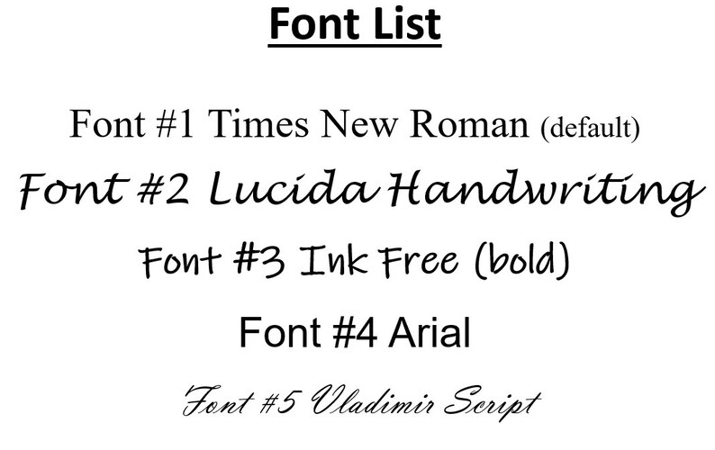 May include: A list of five different fonts, including Times New Roman, Lucida Handwriting, Ink Free, Arial, and Vladimir Script. The fonts are numbered 1 through 5.