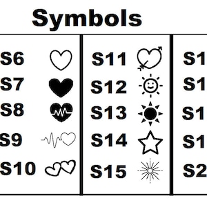 Puede incluir: Un gr&aacute;fico en blanco y negro con 20 s&iacute;mbolos etiquetados del S1 al S20. Los s&iacute;mbolos incluyen una cara sonriente, un coraz&oacute;n, un sol, una estrella, una luna creciente y una huella de pata.