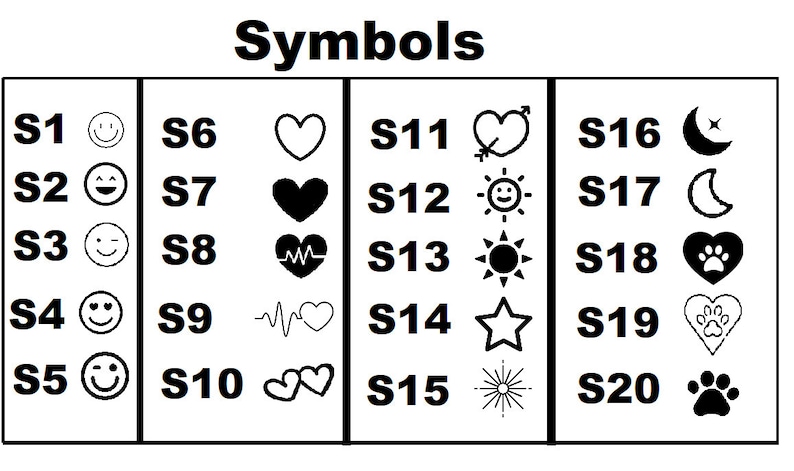 Puede incluir: Un gr&aacute;fico en blanco y negro con 20 s&iacute;mbolos etiquetados del S1 al S20. Los s&iacute;mbolos incluyen una cara sonriente, un coraz&oacute;n, un sol, una estrella, una luna creciente y una huella de pata.