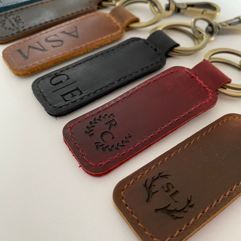 Personalized Monogram Leather Keychain Customized Leather Keychain Genuine Leather Key Chain Engraved Keychain Key Tag Gift for her him image 1