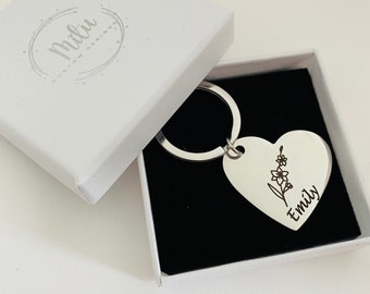 Personalized Metal Engraved Keychain W/Charm Engraved Birthstone Birth Month Flower Key Chain Customized Handmade Gift for Her Him