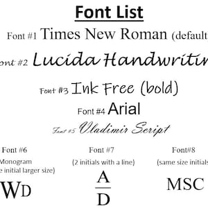 Puede incluir: Una lista de fuentes con ejemplos de cada estilo de fuente. Las fuentes incluyen Times New Roman, Lucida Handwriting, Ink Free, Arial, Vladimir Script, un monograma, dos iniciales con una l&iacute;nea e iniciales del mismo tama&ntilde;o.