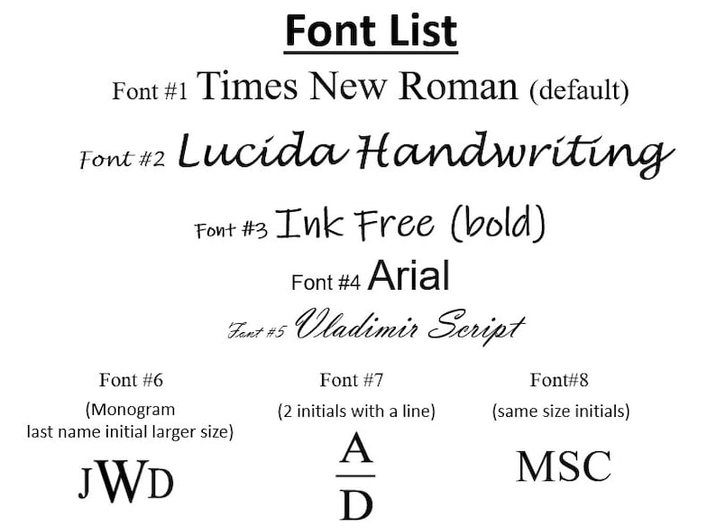 Puede incluir: Una lista de fuentes con ejemplos de cada estilo de fuente. Las fuentes incluyen Times New Roman, Lucida Handwriting, Ink Free, Arial, Vladimir Script, un monograma, dos iniciales con una l&iacute;nea e iniciales del mismo tama&ntilde;o.