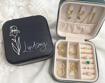 Personalized Jewelry Box Name Birth Flower Jewellery Box Custom Jewelry Case Travel Jewelry Box Bridesmaid gifts Handmade Mother's Day Gifts