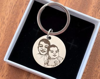 Personalized Photo Sketch Keychain, Image Engraved, Line Art Image,  Memorial Gift, Anniversary Gift, Custom Portrait Engraved Keychain
