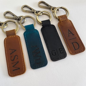 Personalized Monogram Leather Keychain Customized Leather Keychain Genuine Leather Key Chain Engraved Keychain Key Tag Gift for her him image 2