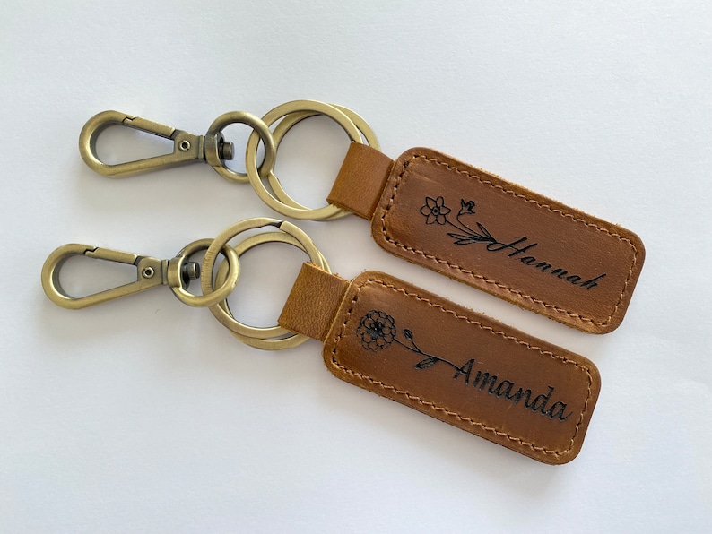 Flower Key Tags Birth Flower Name Keychain Customized Leather Keychain Genuine Leather ...