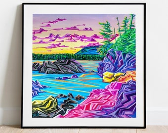 Ocean Sunset Wall Art, Pacific Coast Poster, Canadian Landscape Painting Print, British Columbia Mountain Painting, Colorful Vibrant Decor