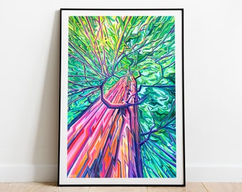Tree Painting Wall Art, Giant Cedar Tree Poster, Vancouver Rainforest Art Print, Canadian Landscape Acrylic Painting, Colorful Vibrant Decor