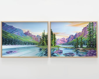 Canadian Landscape Painting Prints, Set of 2 Lake Island Wall Art, Rocky Mountain Poster Pair, Colorful Wall Art, Jasper Maligne Lake Canvas
