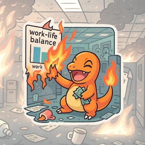 May include: A sticker featuring an orange cartoon character holding money and flames, with a burning office in the background. The sticker has the words "work-life balance" and "work" on it. The character is smiling.