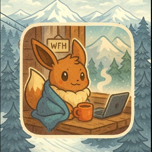 May include: Illustration of a cartoon Eevee character wrapped in a blue blanket, working on a laptop with a mug of coffee. The background shows a snowy mountain scene and the text "WFH" on a sign.
