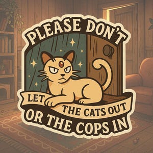 Op de afbeelding: Een sticker met een cartoonkat en de tekst "PLEASE DON'T LET THE CATS OUT OR THE COPS IN". De kat heeft een boze uitdrukking. Het ontwerp is in vintage stijl, met een retro esthetiek.