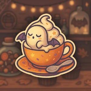 May include: A sticker featuring a cute cartoon ghost with bat wings, nestled in a cup of whipped cream. The cup and saucer are orange with star accents, and a small spoon rests on the saucer. A fun Halloween-themed design.