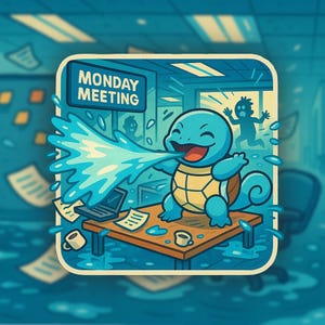 May include: A cartoon image of a blue Squirtle character spraying water in an office setting. The image includes a desk with a laptop, coffee cups, and the text "MONDAY MEETING". A person is running away in the background.