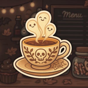 May include: A sticker featuring a cup of coffee with three smiling ghost steam rising from the top. The cup has a skull and leaf design. A saucer with a spiderweb design is beneath the cup. The background is a dark brown with a menu board.