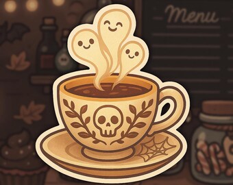 May include: A sticker featuring a Halloween-themed coffee cup with three smiling ghost steam rising from the coffee. The cup has a skull and leaf design. A saucer with a spiderweb design is beneath the cup. The background includes a menu board and decorative lights.