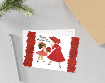 Vintage Mothers Day Postcard, Mother and Daughter Illustration Card, Happy Mothers Day Greeting