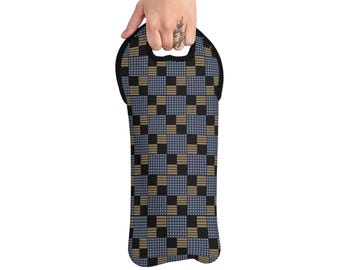 Blue and Tan Checkered Pattern Wine Tote Bag | Neoprene Bottle Carrier
