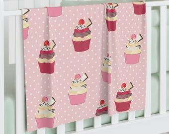 Cupcake Pattern Baby Swaddle Blanket, Pink Polka Dot Nursery Wrap