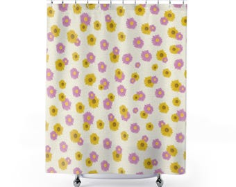 Yellow and Pink Floral Pattern Shower Curtain | Ditsy Flower Bathroom Decor