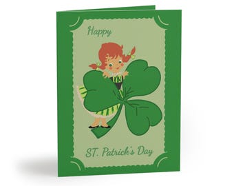 St. Patricks Day Card, Vintage Shamrock Greeting Card, Irish Lucky Clover Card, Festive Green Holiday Card