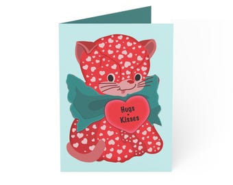 Hugs and Kisses Valentine Card, Cute Cat Valentine, Heart Cat Greeting Card, Love Card for Her Him Kids