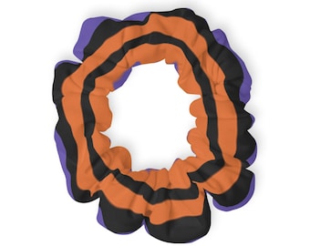 Abstract Floral Pattern Scrunchie | Black White Purple Orange Accents