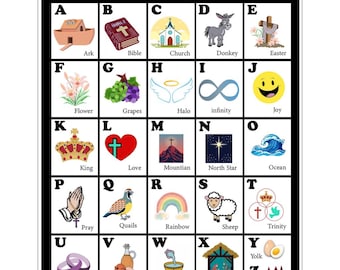 Bible Alphabet Poster for Kids, Christian ABC Wall Art, Faith Based Learning Print, Sunday School Decor, Nursery Christian Decor
