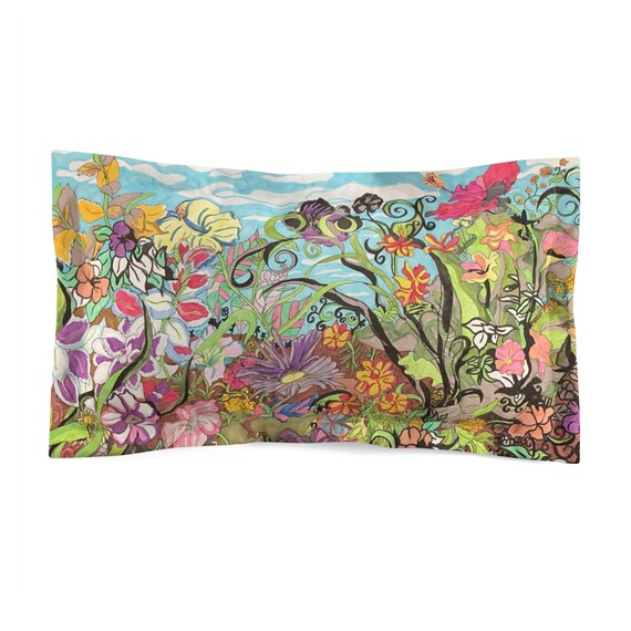 Floral Microfiber Pillow Sham, Boho Bedroom Decor, Nature-Themed Bedding, Gift for Her, Colorful Pillow Cover, Vibrant Home Accessory