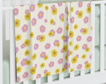 Pink and Yellow Daisy Pattern Baby Swaddle Blanket | Floral Nursery Throw