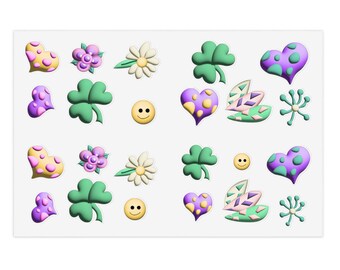 Cute Pastel Sticker Pack Hearts, Clovers, Flowers & Smiley Face Aesthetic Stickers for Planner, Journal, Laptop