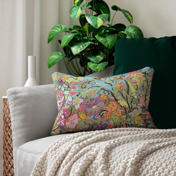 Vibrant Floral Lumbar Pillow | Colorful Decorative Pillow, Boho Home Decor, Couch Cushion, Bright Garden Pillow, Gift for Flower Lovers